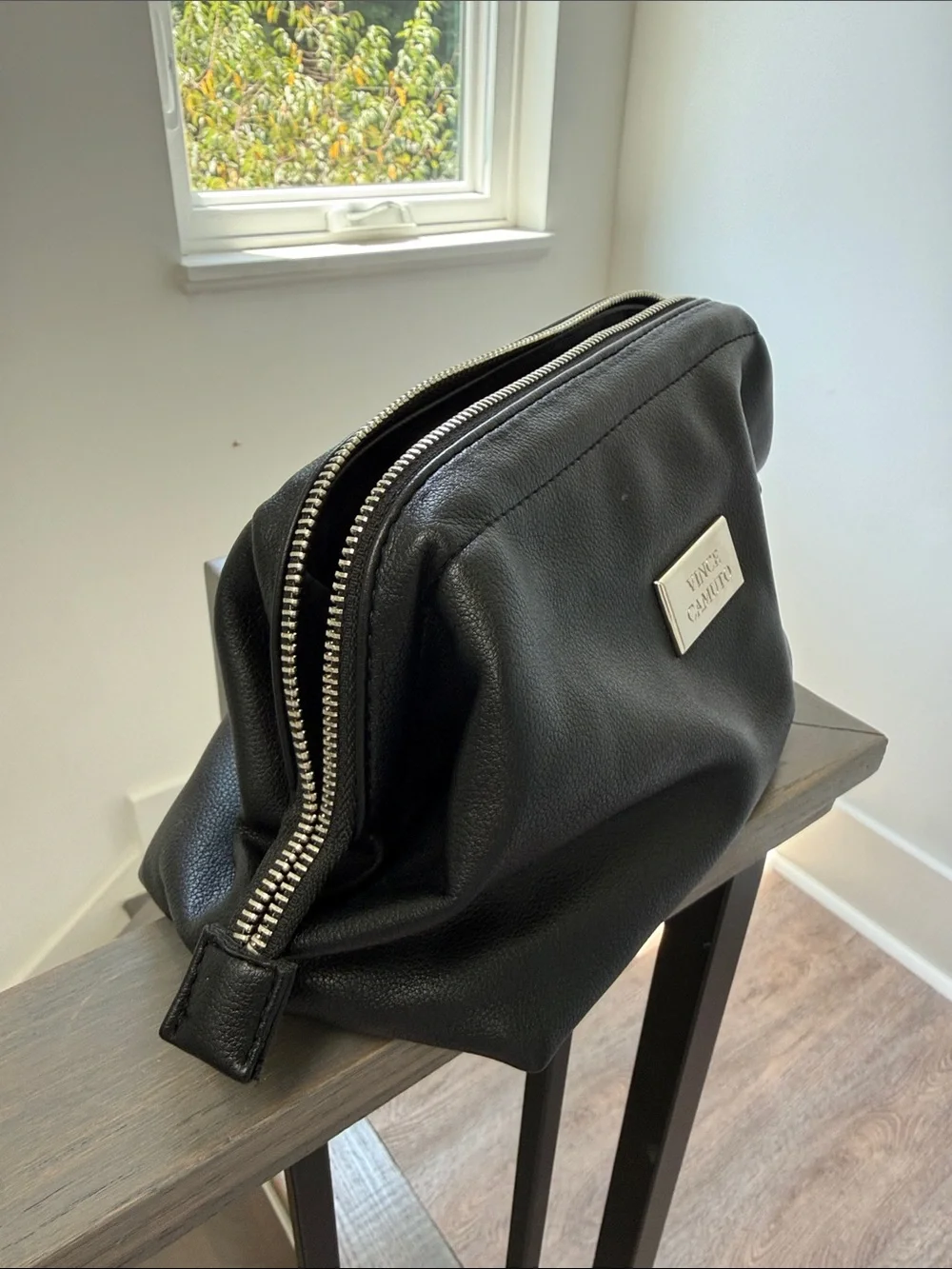 Vince Camuto Black Pebbled Leather Zip Cosmetic Toiletries Case